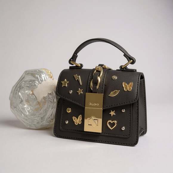 Aldo  Studded Top Handle Crossbody Mini Bag in Black and Gold - Picture 1 of 2